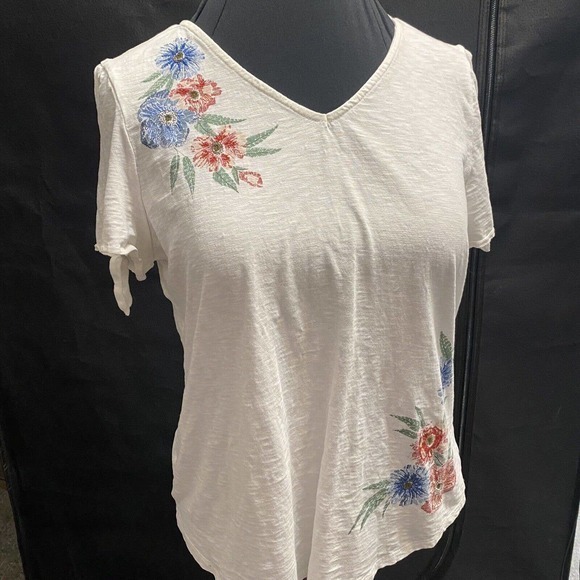CHICO’S Size L Slub Knit Cotton Shirt Floral Detail Short Sleeves‎ - Picture 1 of 9